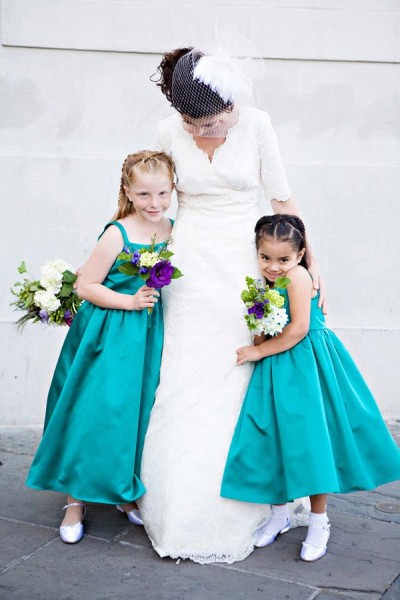 bride and flower girls, teal wedding
